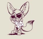  2019 anthro argeshka big_ears canid canine clothed clothing disney earbuds eyewear fennec finnick fox fully_clothed fur headphones holding_object inner_ear_fluff mammal simple_background solo sunglasses teeth tuft zootopia 