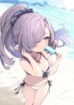  1girl bare_arms bare_shoulders beach bikini blue_sky breasts cleavage day feff672166 food front-tie_bikini front-tie_top granblue_fantasy hair_ornament hair_over_one_eye hair_scrunchie harvin holding holding_food jewelry long_hair medium_breasts navel necklace nio_(granblue_fantasy) ocean outdoors pointy_ears ponytail popsicle purple_hair scrunchie side-tie_bikini sky solo standing summer swimsuit thigh_gap white_bikini 