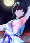  1girl arm_behind_head arm_up armpits bangs bare_shoulders black_hair blue_eyes blush breasts closed_mouth dress fate/grand_order fate/requiem fate_(series) flower full_moon hiziriamane jewelry large_breasts long_sleeves looking_at_viewer magatama magatama_hair_ornament medium_hair moon multicolored_hair necklace night night_sky pink_hair puffy_long_sleeves puffy_sleeves short_dress sideboob sideless_outfit sky star_(sky) starry_sky streaked_hair utsumi_erise white_dress 