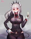  1girl alcohol black_tail business_suit cup demon_girl demon_horns demon_tail drinking_glass formal gloves grey_hair heart heart-shaped_pupils helltaker highres horns lucifer_(helltaker) mole mole_under_eye panties papupu red_eyes red_panties red_shirt shirt silver_hair smile solo suit symbol-shaped_pupils tail underwear white_gloves white_horns wine wine_glass 
