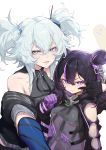  1other 2girls absurdres annoyed aqua_eyes aqua_hair cheek_poking clenched_teeth double_bun girls_frontline grabbing heart heart-shaped_pupils highres kac-pdw_(girls_frontline) multicolored_hair multiple_girls pa-15_(girls_frontline) poking purple_eyes purple_hair see-through shanyao_jiang_tororo simple_background symbol-shaped_pupils teeth two-tone_hair two_side_up 