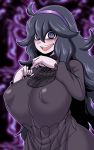  1girl ahoge al_bhed_eyes amazon_(taitaitaira) black_hair black_nails blurry blurry_background blush breast_suppress breasts covered_nipples dress grin hairband hex_maniac_(pokemon) highres huge_breasts long_hair messy_hair outline pokemon puffy_nipples purple_headwear smile solo turtleneck turtleneck_dress very_long_hair white_outline 