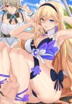  2girls absurdres armpits barefoot bianka_durandal_ataegina bikini blonde_hair blue_eyes blue_sky bow bowtie breasts brown_hair commentary day detached_collar double_v earrings feet frilled_swimsuit frills hair_between_eyes hair_over_one_eye hairband hand_in_hair highres honkai_(series) honkai_impact_3rd jewelry large_breasts lens_flare long_hair looking_at_viewer maid_headdress mole mole_under_eye multicolored multicolored_bikini multicolored_clothes multiple_girls noise_paper outdoors purple_eyes rita_rossweisse short_hair sky smile sunlight sweat swimsuit thigh_strap v very_long_hair 