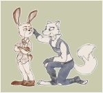  2017 alternate_species anthro barefoot border bottomwear buckteeth canid canine cheek_pinch clothed clothing disney duo eye_contact female fox fully_clothed fur judy_hopps kneeling ladyicepaw lagomorph leporid looking_at_another male male/female mammal necktie nick_wilde pants police_uniform rabbit shirt simple_background smile standing teeth topwear uniform white_border zootopia 
