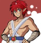  1boy chest collarbone fang hands_on_hips horns jin_kaze_tsukai looking_at_viewer male_focus petagon pointy_ears purple_eyes red_hair short_hair single_horn solo teeth upper_body yuu_yuu_hakusho 