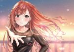  1girl arisugawa_natsuha black_eyes blush breasts brown_hair cleavage collarbone earrings highres idolmaster idolmaster_shiny_colors jewelry long_hair outstretched_hand revision see-through sky smile solo star_(sky) starry_sky sunset yuzuyu_(hyui) 