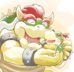  2boys bandana bowser bowser_jr. bracelet chamaji claws closed_eyes commentary_request fangs father_and_son holding_person horns jewelry mario_(series) multiple_boys no_humans open_mouth red_hair sharp_teeth shell short_hair simple_background smile spiked_armlet spiked_bracelet spiked_shell spikes teeth 