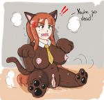  2018 angry animate_inanimate bodily_fluids breasts brown_body cute_fangs dialogue domestic_cat felid feline felis genital_fluids genitals inanimate_transformation lactating living_plushie mammal mixedkori navel nipples open_mouth pawpads plushie plushification pussy pussy_juice simple_background sitting solo transformation 