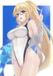  1girl absurdres black-framed_eyewear blonde_hair blue_eyes blue_sky border breasts commentary_request competition_swimsuit covered_navel cowboy_shot fate/grand_order fate_(series) fuwatoromonta glasses highleg highleg_swimsuit highres index_finger_raised jacket jeanne_d&#039;arc_(fate)_(all) jeanne_d&#039;arc_(swimsuit_archer) lens_flare long_hair medium_breasts one-piece_swimsuit open_clothes open_jacket ponytail sky smile solo standing swimsuit whistle whistle_around_neck white_border white_jacket white_swimsuit 