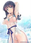  1girl arm_behind_head arm_up armpits bangs bare_shoulders black_hair blue_eyes blue_ribbon blush breasts closed_mouth dress fate/grand_order fate/requiem fate_(series) fundoshi japanese_clothes jewelry large_breasts long_sleeves looking_at_viewer magatama magatama_hair_ornament medium_hair mujinbi multicolored_hair necklace pelvic_curtain photoshop_(medium) pink_hair puffy_long_sleeves puffy_sleeves ribbon short_dress sideboob sideless_outfit streaked_hair thighs utsumi_erise white_dress 