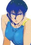  1990s_(style) 1girl blue_hair brown_eyes competition_swimsuit covered_nipples golden_boy hayamizu_ayuko highres kawamoto_toshihiro lipstick looking_at_viewer makeup official_art one-piece_swimsuit parted_lips red_lips scabbard sheath short_hair simple_background solo swimsuit upper_body wet wet_hair white_background 