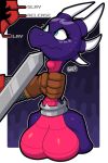  2:3 5_fingers activision anthro anthrofied bodily_fluids breasts captured cartoon_physics clothing collar cynder disembodied_hand domination dragon duo english_text featureless_breasts female female_focus fingers gloves grasp handwear horn hypnofood long_neck looking_up markings melee_weapon multicolored_body neck_bulge neck_grab nervous options purple_body sound_effects spiked_collar spikes spyro_the_dragon squeezing submissive submissive_female swallowing sweat sweatdrop sword text throat_grab video_games weapon 