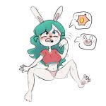  1:1 2020 3_toes anthro blush bodily_fluids breasts clothed clothing female fur green_hair hair hi_res lagomorph leporid mammal medium_breasts navel nipple_outline nipples open_mouth panties pawpads rabbit rekidda simple_background solo speechless sun sweat tagme toes underwear 