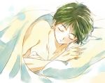  1boy black_hair blanket chest closed_eyes collarbone male_focus petagon shirtless short_hair sleeping solo upper_body urameshi_yuusuke yuu_yuu_hakusho 