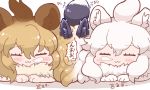  /\/\/\ 3girls :3 animal_ear_fluff animal_ears bangs big_hair brown_hair chibi closed_eyes closed_mouth commentary_request eyebrows_visible_through_hair facing_viewer fox_ears fox_tail fur_collar hair_between_eyes kemono_friends light_brown_hair lion_(kemono_friends) lion_ears lying multicolored_hair multiple_girls nose_bubble on_stomach side-by-side silver_fox_(kemono_friends) sleeping tail tanaka_kusao translation_request trembling two-tone_hair white_hair white_lion_(kemono_friends) zzz |3 