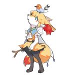  1girl aishasoup animal_ear_fluff animal_ears aqua_eyes bangs bird black_eyes blonde_hair blush blush_stickers braixen cape clothed_pokemon english_commentary fletchling fox_ears fox_tail full_body furry gen_6_pokemon highres holding jpeg_artifacts looking_up no_humans open_mouth paws pokemon pokemon_(creature) rope short_hair simple_background sitting sitting_on_head sitting_on_person sketch standing stick tail white_background white_cape 