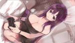  1girl black_ribbon breasts cleavage commentary_request controller game_console game_controller hair_ribbon holding_controller indoors large_breasts lingerie long_hair murasaki_(senran_kagura) negligee playing_games playstation playstation_controller purple_eyes purple_hair ribbon senran_kagura sitting solo strap_slip underwear very_long_hair yaegashi_nan 