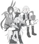  1boy 3girls amiya_(arknights) angel animal_ears arknights artist_request blush bunny_boy bunny_ears bunny_girl carrying_over_shoulder commentary_request doctor embarrassed exusiai_(arknights) food gloves greyscale halo holding_shield hood hooded_jacket jacket jewelry kroos_(arknights) long_hair monochrome multiple_girls multiple_rings onigiri ring shield short_hair tall_female 