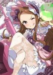  &gt;:q 1girl absurdres bloomers bonnet bow brown_hair commentary crossed_legs doily dress finger_on_trigger firearm food frilled_dress frilled_skirt frills gun hair_bow highres ice_cream ice_cream_cone idolmaster lolita_fashion long_hair m3_submachine_gun minase_iori one_eye_closed pink_dress pink_eyes pink_footwear print_legwear skirt solo submachine_gun tokiani underwear very_long_hair weapon white_legwear 