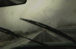  absurdres car car_interior commentary_request eldritch_abomination fog ground_vehicle highres horror_(theme) kakesoba monster motor_vehicle no_humans original plant road sign windshield wipers 