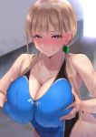  1girl :q andouyu blonde_hair blue_swimsuit blush breast_hold breasts competition_swimsuit covered_nipples huge_breasts long_hair looking_at_viewer low_twintails one-piece_swimsuit original purple_eyes smile solo swimsuit tongue tongue_out twintails wet 