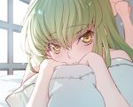  1girl blurry blurry_background c.c. closed_mouth code_geass creayus eyebrows_visible_through_hair green_hair hair_between_eyes leg_up long_hair looking_at_viewer lying on_stomach pillow pillow_hug sidelocks solo sunlight window yellow_eyes 