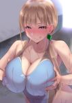  1girl :q andouyu blonde_hair blue_swimsuit blush breast_hold breasts competition_swimsuit covered_nipples huge_breasts long_hair looking_at_viewer low_twintails one-piece_swimsuit original purple_eyes smile solo swimsuit tongue tongue_out twintails wet 