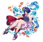  1girl artist_name bare_shoulders blue_swimsuit breasts cape collarbone conope english_commentary fingerless_gloves fire_emblem fire_emblem_awakening fire_emblem_heroes flower frills full_body gloves innertube legs lucina_(fire_emblem) mask medium_hair one-piece_swimsuit petals sandals sitting small_breasts solo swimsuit toes 