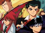  4boys black_eyes black_hair brown_eyes face green_eyes hiei_(yuu_yuu_hakusho) holding kurama kuwabara_kazuma long_hair looking_at_viewer male_focus multiple_boys necktie orange_hair petagon pompadour portrait red_eyes red_hair short_hair sidelocks smile striped urameshi_yuusuke yuu_yuu_hakusho 