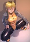  1girl blonde_hair blush bodysuit braid breasts collarbone from_above high_heels highres kilye_4421 large_breasts looking_up original skin_tight smile solo spread_legs squatting twin_braids yellow_eyes zipper 