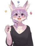  1girl ahoge animal_ears black_shirt blush breasts clenched_hand dog_ears eyebrows_visible_through_hair fangs fur furry hair_between_eyes highres korean_commentary looking_at_viewer open_mouth purple_eyes shirt simple_background sketch snout solo sookmo tied_hair upper_body white_background 