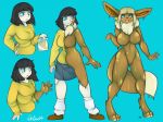  2014 anthro big_breasts blue_background blue_eyes bottomwear breasts brown_body clothing digitigrade eevee featureless_breasts featureless_crotch female goo_transformation human human_to_anthro looking_at_viewer mammal nintendo nut-case pok&eacute;mon pok&eacute;mon_(species) shirt simple_background skirt smile solo species_transformation surprise topwear transformation video_games 