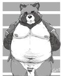  2020 anthro balls canid canine clothed clothing eyewear genitals glasses hi_res humanoid_hands kemono male mammal moobs navel nipples open_shirt overweight overweight_male penis raccoon_dog shirt solo tanuki tiri_mama topwear 