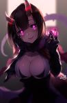  +_+ 1girl black_bra black_gloves black_hair blush bra breasts broken_horn capelet cleavage clip_studio_paint_(medium) commentary_request demon_girl demon_horns elbow_gloves eriko_(princess_connect!) fur-trimmed_capelet fur_trim gloves glowing glowing_eyes hand_on_own_cheek head_tilt holding holding_ring horns jewelry large_breasts piyoyanagi princess_connect! princess_connect!_re:dive purple_eyes ring short_hair smile solo spiked_tail symbol-shaped_pupils tail underwear yandere 