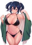  1girl absurdres bikini bikini_under_clothes black_bikini blue_hair breasts cleavage collarbone commentary_request cowboy_shot green_kimono groin hair_ribbon highres japanese_clothes kantai_collection kimono large_breasts looking_at_viewer navel o-ring o-ring_bikini o-ring_top ribbon side-tie_bikini simple_background solo souryuu_(kantai_collection) swimsuit swimsuit_under_clothes thigh_gap twintails ulrich_(tagaragakuin) white_background 