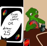  beverage_can brown_eyes brown_nose card eyebrows finger_claws fur fur_tuft green_body green_eyebrows green_fur head_tuft holding_card holding_object looking_away lutrine mammal meme misterpickleman mustelid playing_card tuft uno 