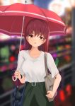 1girl alternate_costume bag bangs blurry blurry_background breasts brown_hair closed_umbrella day eyebrows_visible_through_hair food green_skirt highres holding holding_umbrella jewelry kantai_collection long_hair medium_breasts ochikata_kage ooi_(kantai_collection) open_mouth outdoors rain ring shirt shoulder_bag skirt solo spring_onion umbrella vegetable white_shirt 