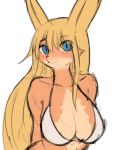  absurd_res anthro big_breasts bikini bikini_top blonde_hair blue_eyes breasts canid canine cleavage clothed clothing eyebrow_through_hair eyebrows female hair hi_res looking_at_viewer mammal simple_background sketch smile solo sookmo swimwear translucent translucent_hair upper_body white_background white_bikini 