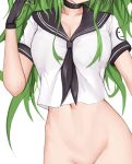  1girl absurdres alternate_costume black_sailor_collar bottomless breasts choker cleavage commentary_request crop_top franz_(217franz) girls_frontline gloves green_hair head_out_of_frame highres hip_bones large_breasts long_hair m950a_(girls_frontline) navel neckerchief sailor_collar school_uniform serafuku short_sleeves solo white_background 
