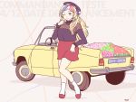  1girl ;) alternate_costume beret black_headwear black_sweater blonde_hair car casual commandant_teste_(kantai_collection) full_body ground_vehicle hair_down hat high_heels highres kantai_collection long_hair looking_at_viewer motor_vehicle multicolored_hair one_eye_closed peugeot red_footwear red_skirt skirt smile socks solo streaked_hair sweater thrux wavy_hair white_legwear 