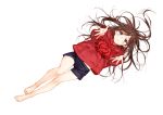 1girl absurdres bare_legs blush brown_hair commentary_request from_above highres hood hoodie kanojo_okarishimasu language_request long_hair looking_at_viewer looking_up lying messy_hair midriff_peek miyajima_reiji mizuhara_chizuru no_shoes no_socks on_back outstretched_arms oversized_clothes red_hoodie shorts simple_background 