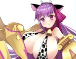  1girl animal_ears animal_print bangs bare_shoulders bell bell_collar blush bow breasts claws cleavage collar cow_bell cow_ears cow_girl cow_horns cow_tail eyebrows_visible_through_hair fate/extra fate/extra_ccc fate/grand_order fate_(series) hair_ribbon highres horns huge_breasts long_hair looking_at_viewer passionlip pink_eyes purple_eyes purple_hair ribbon simple_background smile solo tail to_moyomoyo upper_body white_background 