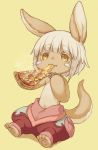  1other :3 animal_ears bangs blunt_bangs cheese_trail choke_(amamarin) clip_studio_paint_(medium) commentary_request eating eyebrows_visible_through_hair food furry highres holding_pizza made_in_abyss nanachi_(made_in_abyss) navel paws pizza short_hair simple_background sitting slice_of_pizza solo tail topless whiskers white_hair yellow_background yellow_eyes 