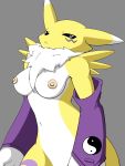  anthro areola armwear black_sclera breasts clothing digimon digimon_(species) female fluffy fur fur_tuft hi_res mostly_nude multicolored_ears neck_tuft nipples purple_armwear purple_clothing renamon tuft two_tone_ears vulapa white_body white_breasts white_ears white_fur yellow_body yellow_ears yellow_fur 