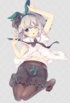  1girl animal_ears aogiri_sei bangs bare_arms black_bloomers black_neckwear bloomers blouse bow bunny_ears green_bow green_eyes grey_hair headband holding konpaku_youmu navel no_shoes pantyhose patterned_background short_hair solo touhou unbuttoned undershirt underwear white_blouse 