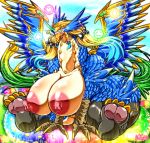 anthro areola avian big_breasts blush breasts claws dragon female fur future_card_buddyfight hair hi_res horn huge_breasts hyper hyper_breasts nipples nude scalie solo wings ymbk 
