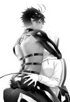  1boy 1girl absurdres ass ass_cutout ass_grab assertive backless_outfit blush butt_crack choker demon_boy demon_horns demon_tail greyscale hetero highres horns incubus leather leather_pants looking_back male_focus monochrome original pants pointy_ears shiohara_shinogi short_hair shrug_(clothing) simple_background solo_focus straddling sweatpants sweatshirt tail white_background 