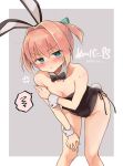  1girl alternate_costume anger_vein animal_ears bangs bare_shoulders black_legwear black_neckwear blue_eyes blush bow bowtie breasts bunny_ears bunny_tail bunnysuit closed_mouth detached_collar fake_animal_ears hair_ribbon kantai_collection leotard pink_hair ponytail r-king ribbon shiranui_(kantai_collection) small_breasts solo spoken_squiggle squiggle sweat tail twitter_username two-tone_background wrist_cuffs 