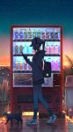  1girl absurdres backpack bag cat cellphone hand_up headphones highres holding holding_phone original pasoputi phone plant ponytail potted_plant profile scenery shadow shoes shooting_star sky sneakers socks star_(sky) star_(symbol) starry_sky sunset vending_machine walking 
