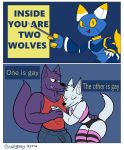 absurd_res ambiguous_gender anthro blue_body bulge canid canine canis clothing comic e621 english_text esix felid feline fur hand_holding hi_res hug humor leg_warmers legwear looking_at_another looking_at_partner looking_at_viewer machine male male/male mammal mascot meme muscular muscular_male purple_body purple_fur robot shirt smile tank_top teeth text topwear underwear watermark wigsey-nsfw wolf yellow_sclera 